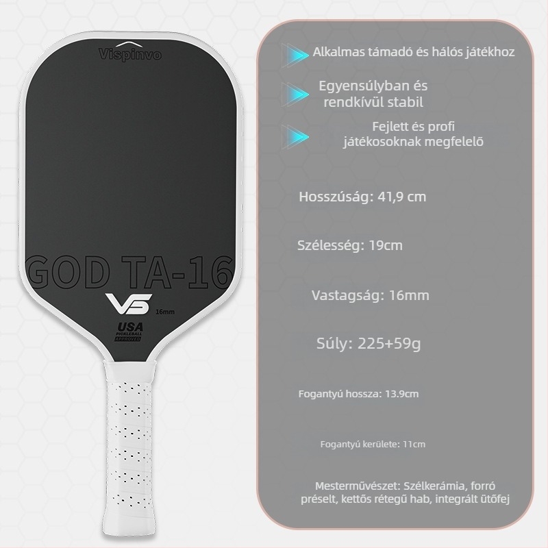 Vispinvo pickleball ütő, szénszálas, Toray T700 tanúsított, 225 g