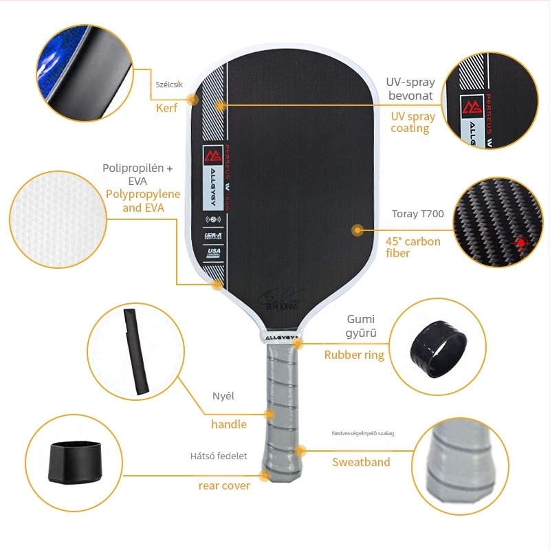 Pickleball ütő ALLGYGY, T700 szénszálas + PP + EVA, GEN4 mag, tömeg 225±5 g