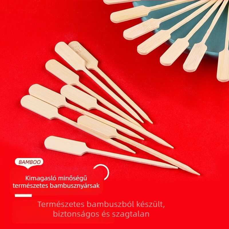 Egyszer használatos bambusz gyümölcsnyárs logóval nyomtatva, modern minimál stílus, minőségi termék