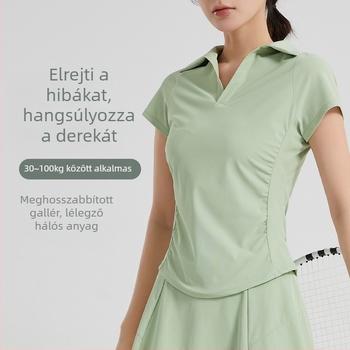 Női baseball-stílusú rövid ujjú jóga felső mély V-nyakkal, plisézett derék, csípőig érő hossz, karcsú szabás (88% nylon, 12% spandex)