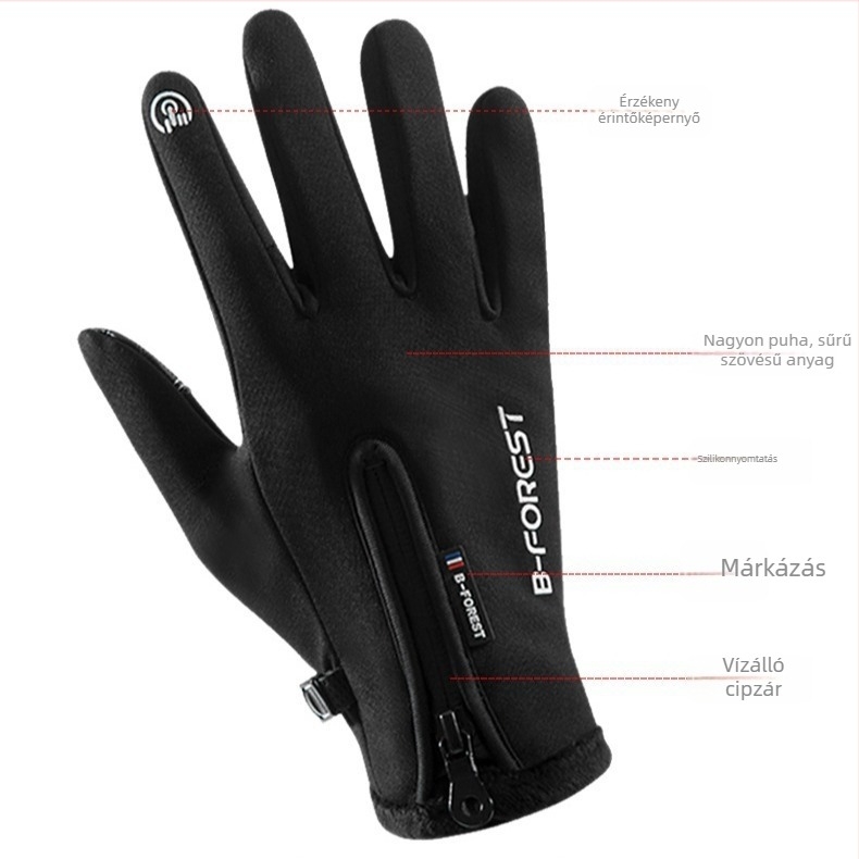 Felnőtt kerékpáros kesztyűk, uniszex, csúszásmentes, ütéscsillapító, vízálló és szélálló, fleece bélés, anyag: diving cloth