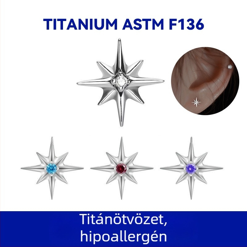G23 titán ötvözet nyolcágú csillag, cirkóniával, belsőmenettel, lapos hátsó fülpiercing ékszer