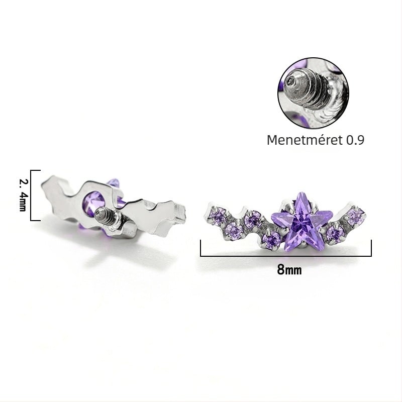 Titánium ötvözet fülbevalók cirkón bevéséssel, hatszor kövecs, starburst dizájn, hullám- és geometrikus formák, uniszex piercing ékszer