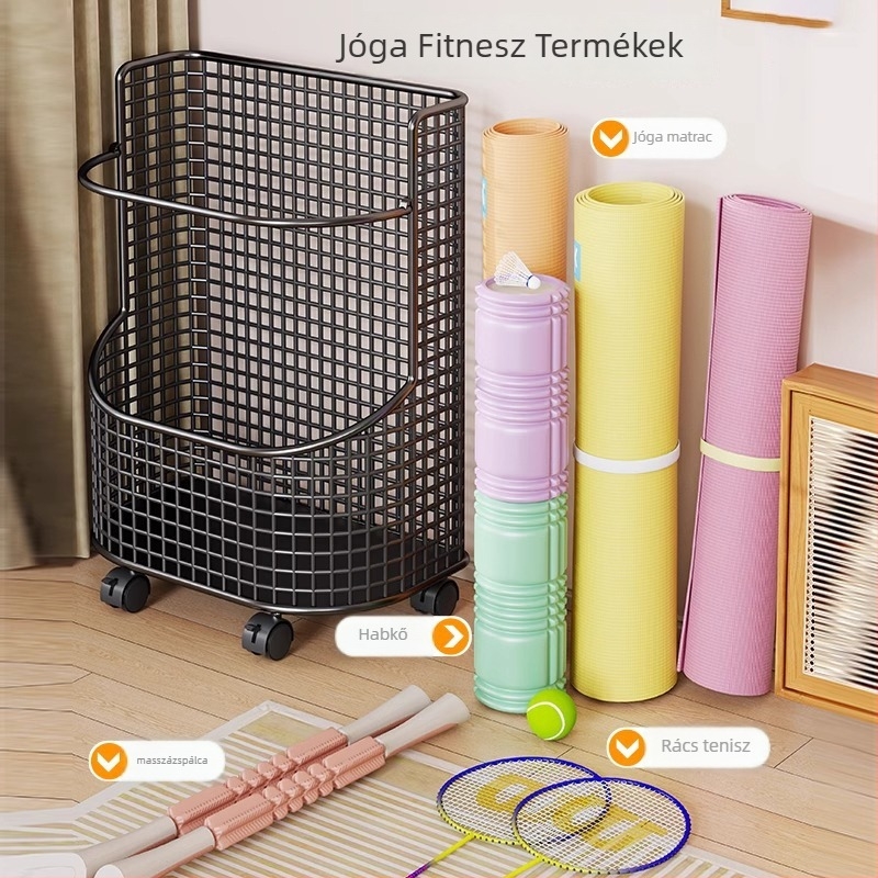Kerékes tárolópolc jóga matracok és badminton ütők számára – nagy kapacitású vas váz, fitnesz eszközök tárolója