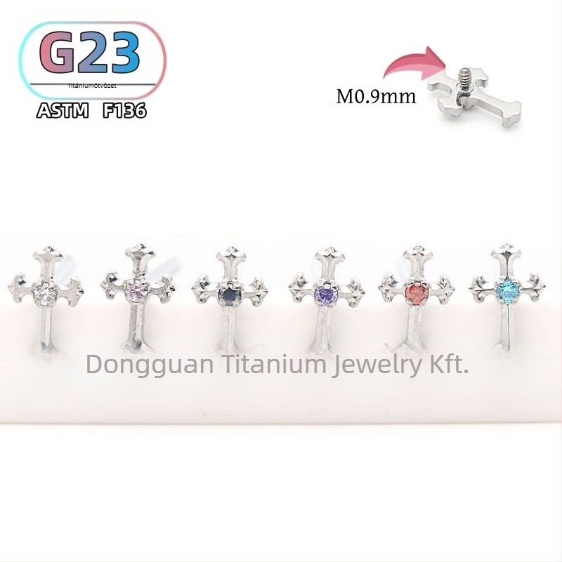 F136 titánium kereszttalpas fül- és ajakszúrók cirkónium kristályokkal, polírozott felület, uniszex