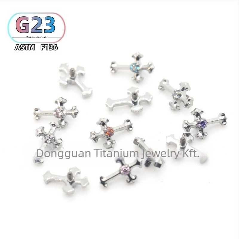 F136 titánium kereszttalpas fül- és ajakszúrók cirkónium kristályokkal, polírozott felület, uniszex