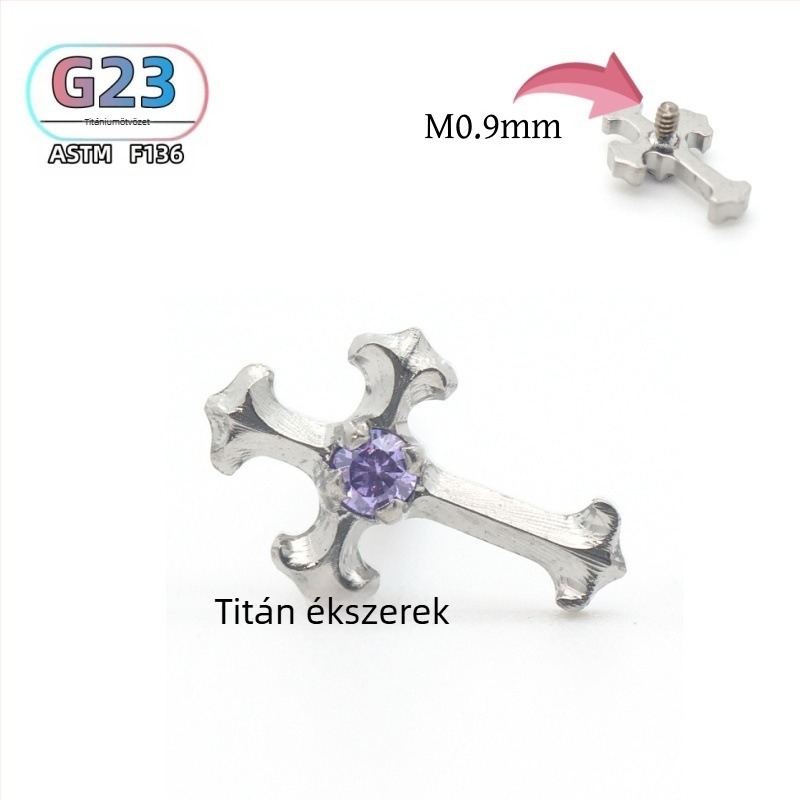 F136 titánium kereszttalpas fül- és ajakszúrók cirkónium kristályokkal, polírozott felület, uniszex