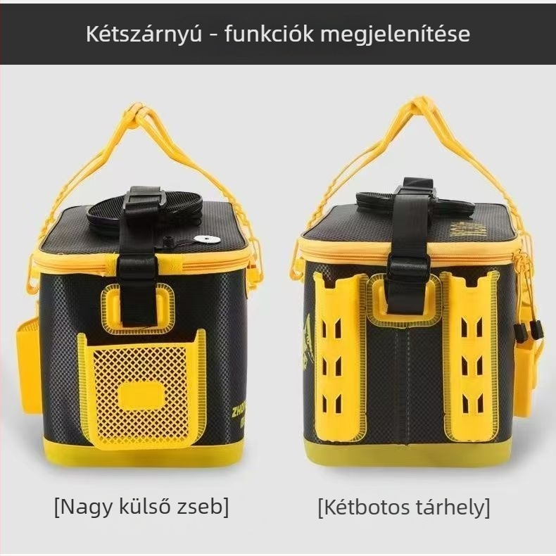 EVA anyagú élőhalas vödör horgászathoz, vízálló kivitel, etető és zsinór rögzítés funkcióval