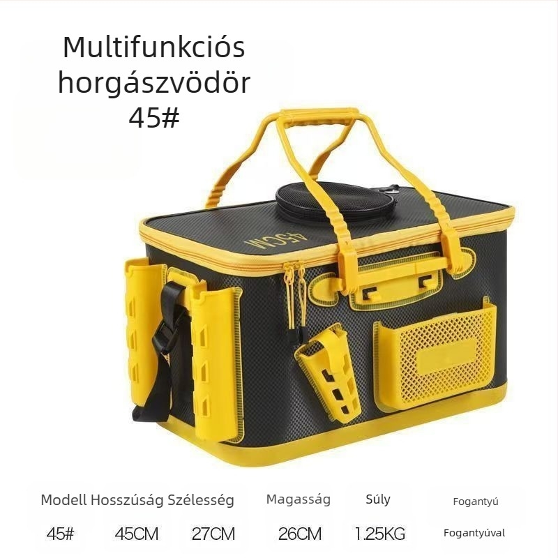 EVA anyagú élőhalas vödör horgászathoz, vízálló kivitel, etető és zsinór rögzítés funkcióval