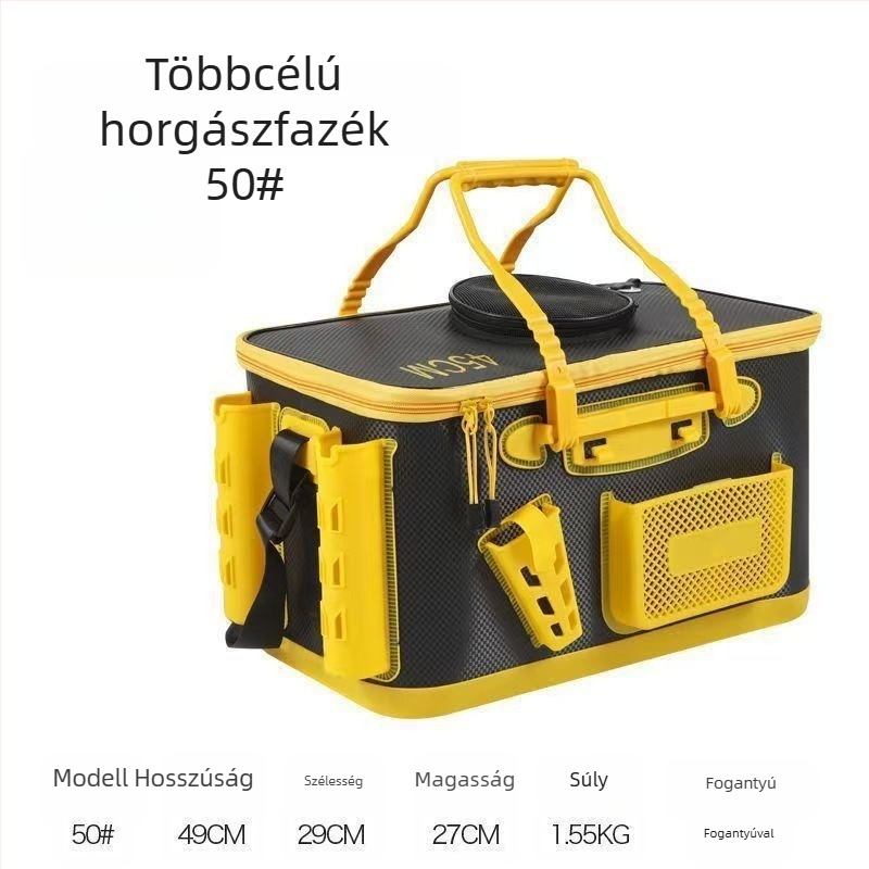 EVA anyagú élőhalas vödör horgászathoz, vízálló kivitel, etető és zsinór rögzítés funkcióval