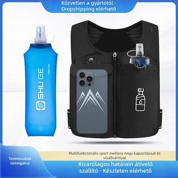 Outdoor sportokhoz tervezett trekking mellény-táska; lélegző, ultrakönnyű, bővíthető, terheléscsökkentő kialakítás; anyag: poliészter; bélés: poliészter rost; ívelt vállpánt