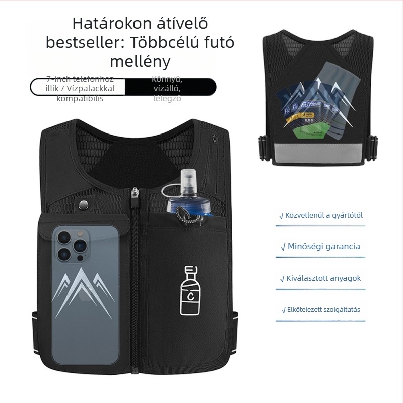 Outdoor sportokhoz tervezett trekking mellény-táska; lélegző, ultrakönnyű, bővíthető, terheléscsökkentő kialakítás; anyag: poliészter; bélés: poliészter rost; ívelt vállpánt