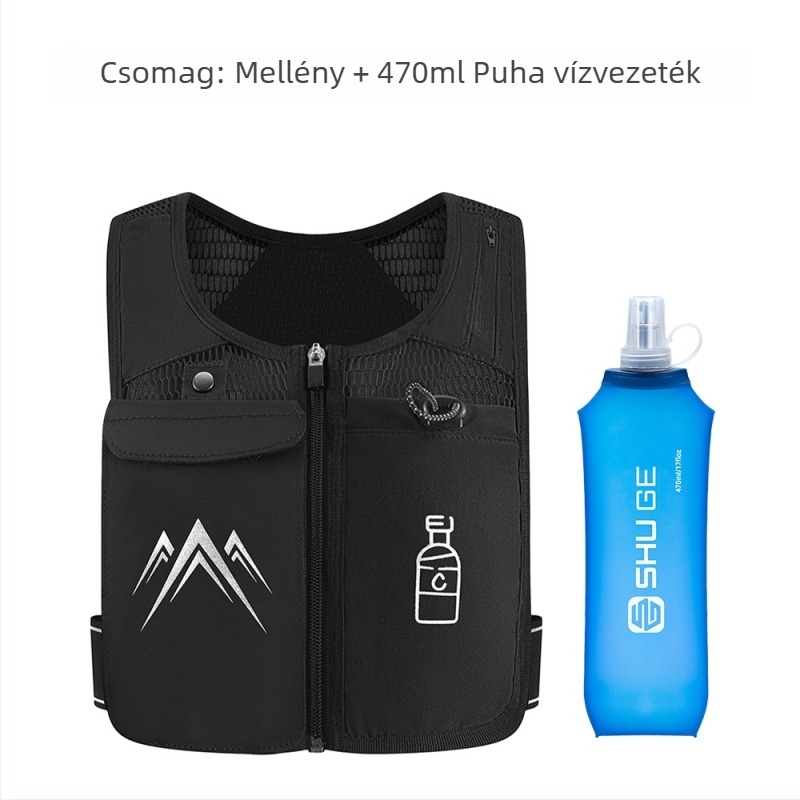 Outdoor sportokhoz tervezett trekking mellény-táska; lélegző, ultrakönnyű, bővíthető, terheléscsökkentő kialakítás; anyag: poliészter; bélés: poliészter rost; ívelt vállpánt