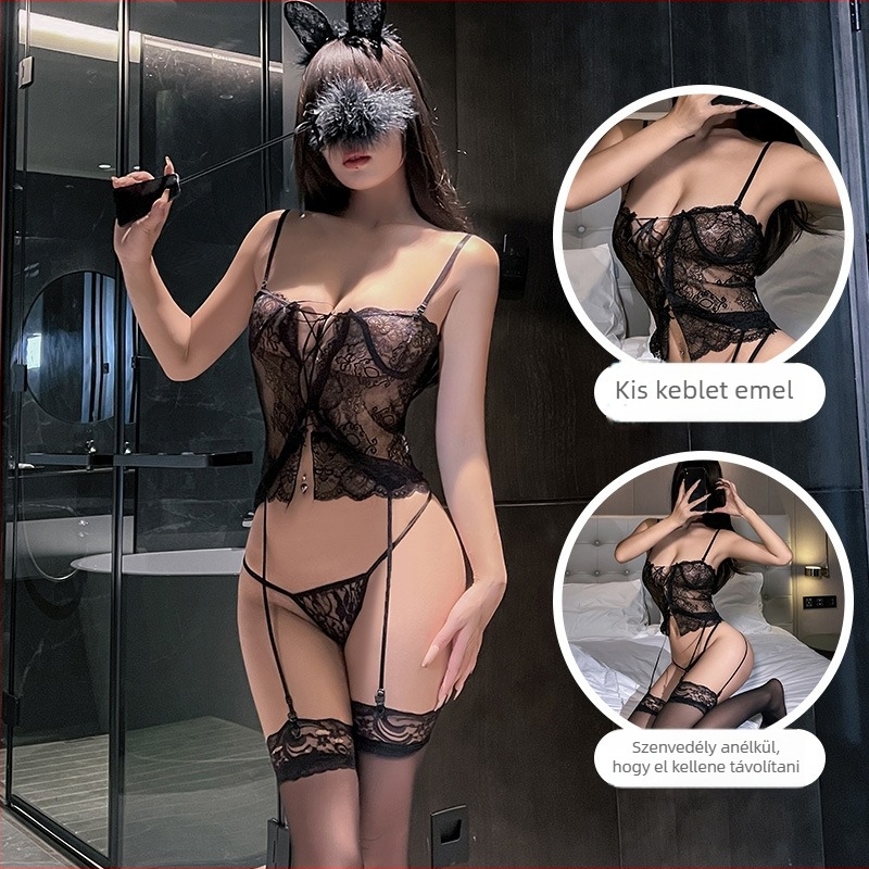Night Fun Sexi fehérnemű készlet — áttetsző csipke, push-up, acél merevítőkkel ellátott top, pántos, egy darabból álló