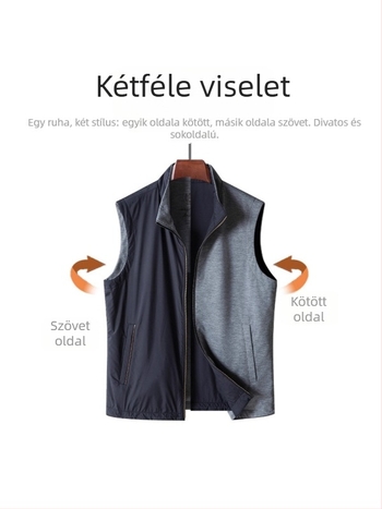 Férfi üzleti casual reverszibil kötött mellény, álló gallérral, ujjak nélkül, könnyű, tavasz–ősz