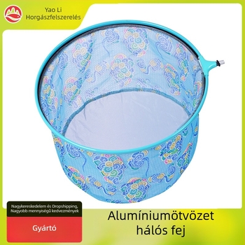 Kis szemű karbonszerű horgász hálófej, kör alakú keret, alumíniumötvözet, levehető hálótáska