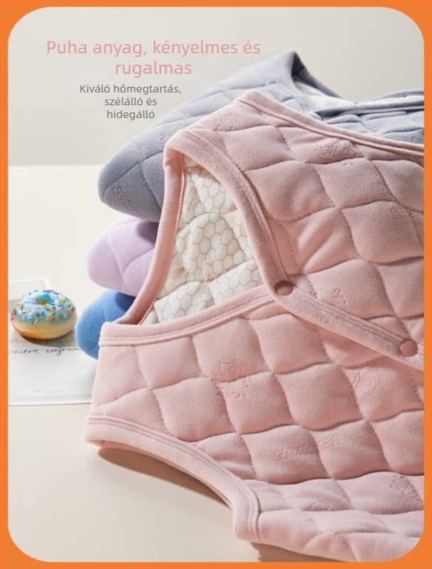 Gyerekeknek szóló pamut-púpos mellény ősz-télre – külső fleece, töltet poliészter, belső pamut bélés, vastag, V-nyakú, egyrészes záródás, kockás vagy egyszínű minta, 8 évesnél idősebbeknek (kb. 140 cm)