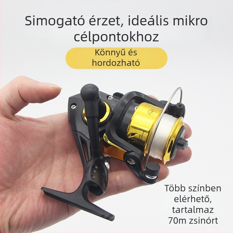 Műanyag horgászorsó kézi hajtással, spinning típusú, kompakt kialakítás