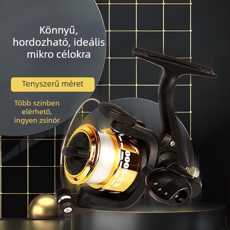 Műanyag horgászorsó kézi hajtással, spinning típusú, kompakt kialakítás