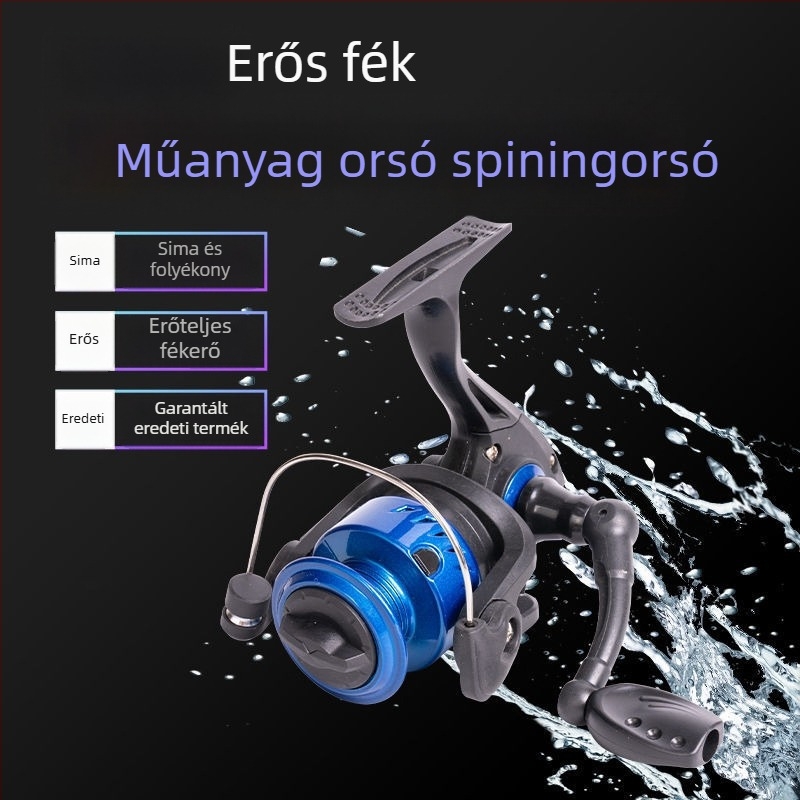 Műanyag horgászorsó kézi hajtással, spinning típusú, kompakt kialakítás