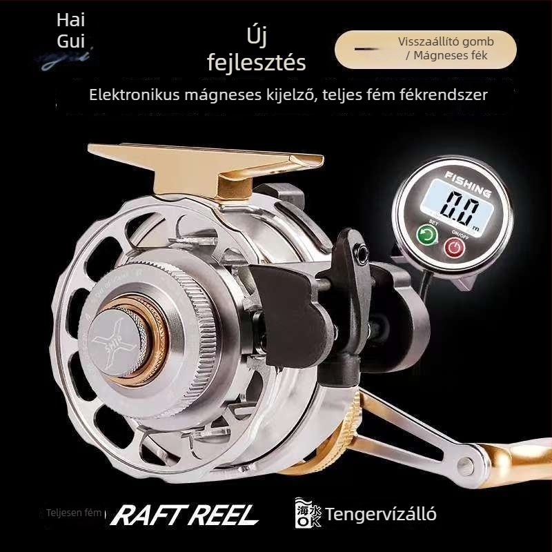 Nabe raftos horgászorsó, teljes fém testtel, digitális kijelző, egy gombnyomásos lassú süllyedés és automatikus damilrendezés