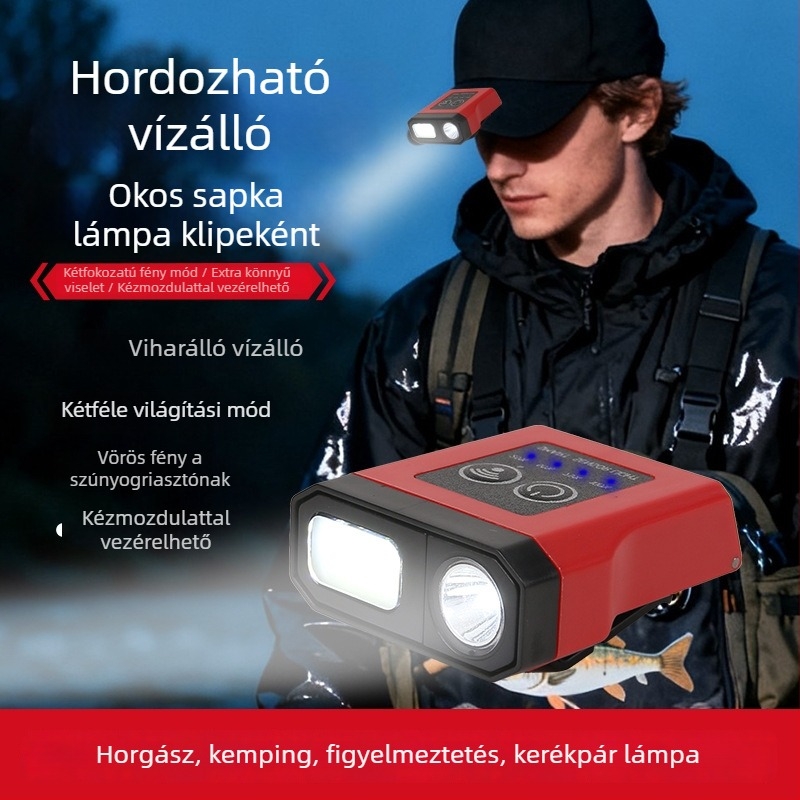 LED fejfény beépített 1200mAh akkumulátorral, 5W teljesítménnyel, vízálló, töltő a csomagban.