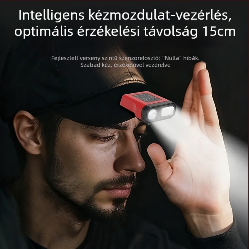 LED fejfény beépített 1200mAh akkumulátorral, 5W teljesítménnyel, vízálló, töltő a csomagban.