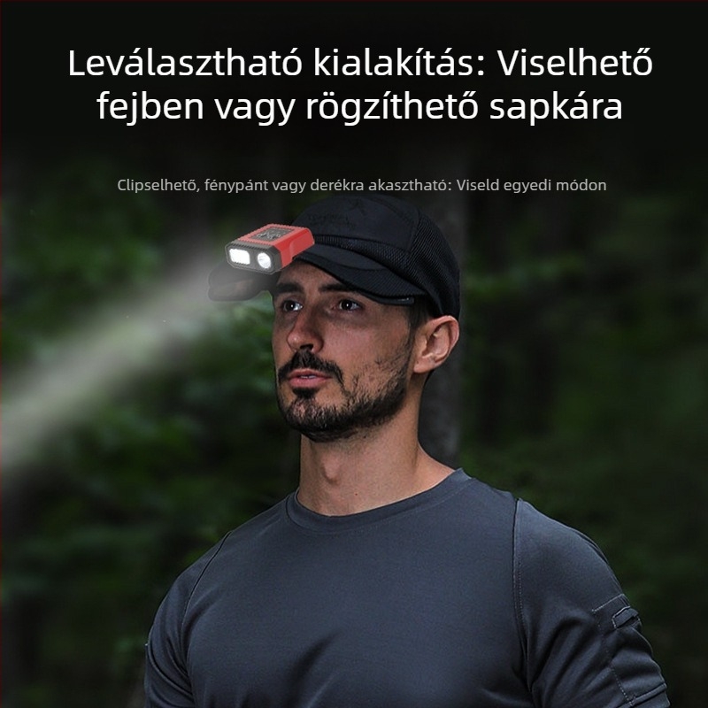 LED fejfény beépített 1200mAh akkumulátorral, 5W teljesítménnyel, vízálló, töltő a csomagban.