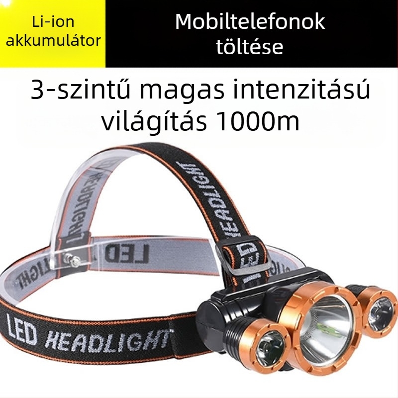 LED fejlámpa, újratölthető lítium akkumulátor, két üzemmód, vízálló, 100 m fénycsóva