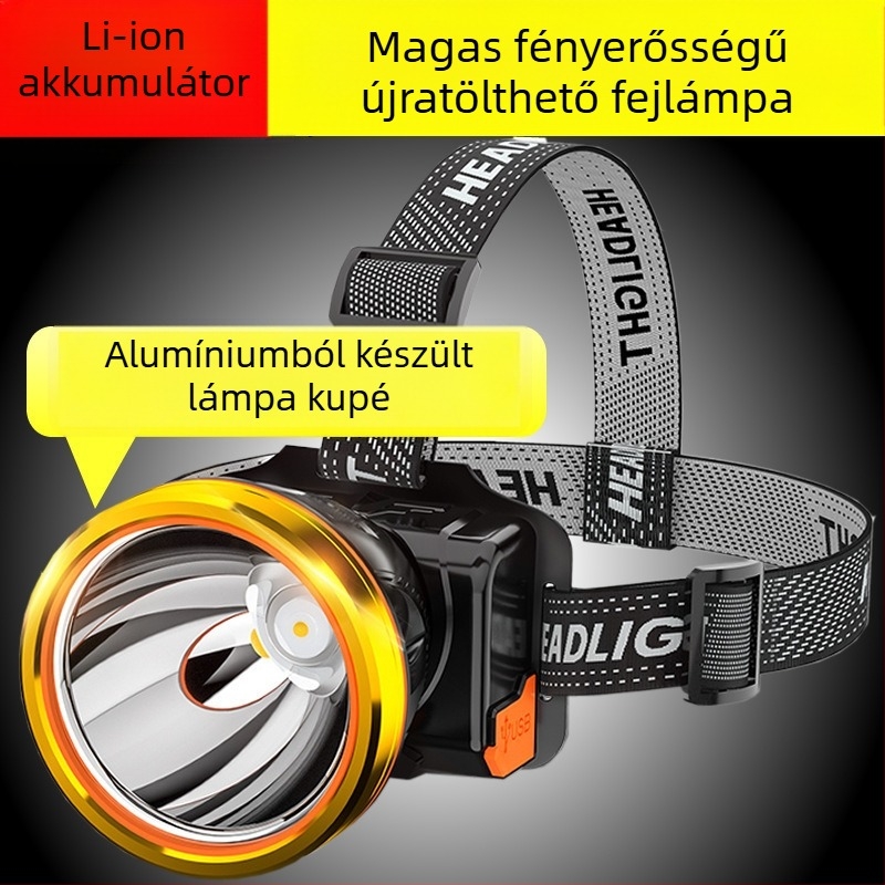 LED fejlámpa, újratölthető lítium akkumulátor, két üzemmód, vízálló, 100 m fénycsóva