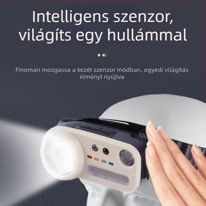 LED fejlámpa 800 mAh akkumulátorral, USB töltés és kézi töltés, hatótávolság 100–200 m, 360° forgás