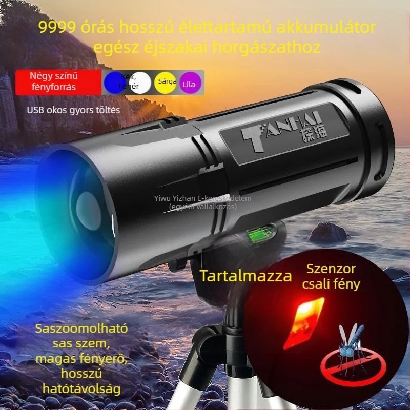 Éjszakai horgászlámpa négy fényforrással, 8000mAh akkumulátor, 10W teljesítmény, 200–500 m hatótávolság, 360°-os forgás, újratölthető