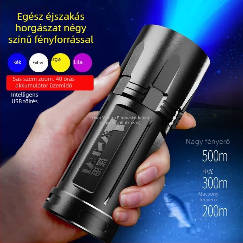 Éjszakai horgászlámpa négy fényforrással, 8000mAh akkumulátor, 10W teljesítmény, 200–500 m hatótávolság, 360°-os forgás, újratölthető