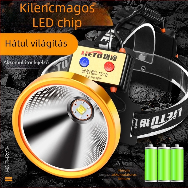 LT518 LED fejlámpa, 9-magos LED, újratölthető, 1000 m hatótávolság, vízálló