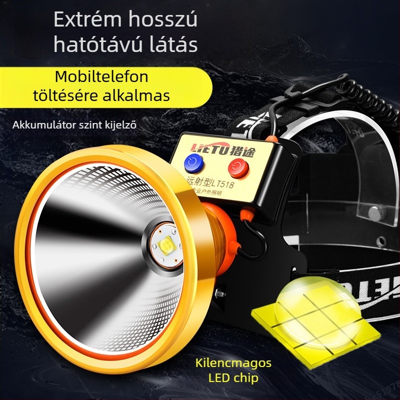 LT518 LED fejlámpa, 9-magos LED, újratölthető, 1000 m hatótávolság, vízálló