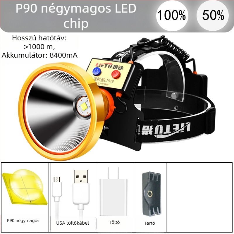 LT518 LED fejlámpa, 9-magos LED, újratölthető, 1000 m hatótávolság, vízálló