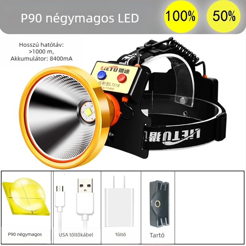 LT518 LED fejlámpa, 9-magos LED, újratölthető, 1000 m hatótávolság, vízálló
