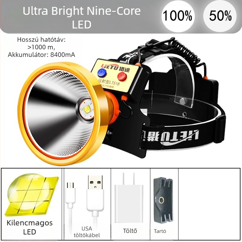LT518 LED fejlámpa, 9-magos LED, újratölthető, 1000 m hatótávolság, vízálló