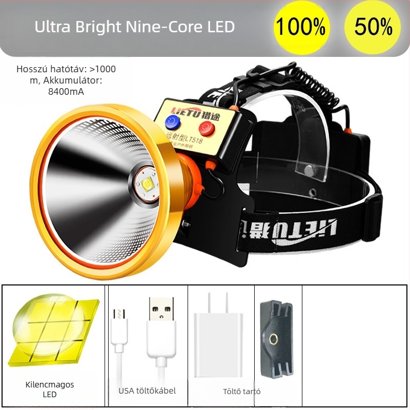 LT518 LED fejlámpa, 9-magos LED, újratölthető, 1000 m hatótávolság, vízálló