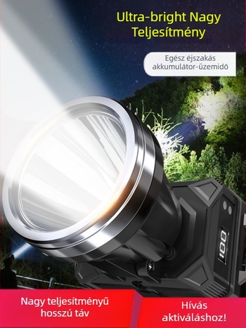 LED fejlámpa, újratölthető, modell B90, 18650-es akkumulátor, fénytávolság ≥500 m, üzemidő 60 h, vízálló