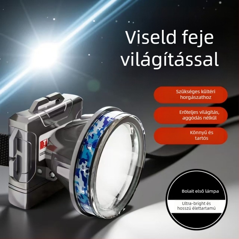 Fejlámpa kettős LED-del, vízálló, 50W, 6000–10000 mAh akkumulátor, hatótáv akár 500 m