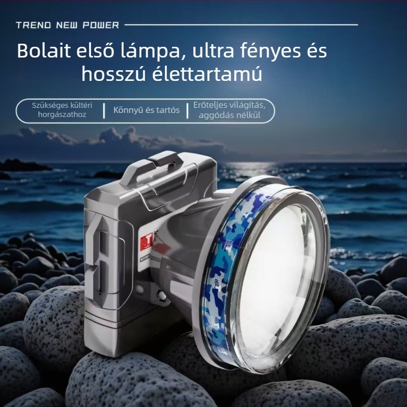 Fejlámpa kettős LED-del, vízálló, 50W, 6000–10000 mAh akkumulátor, hatótáv akár 500 m