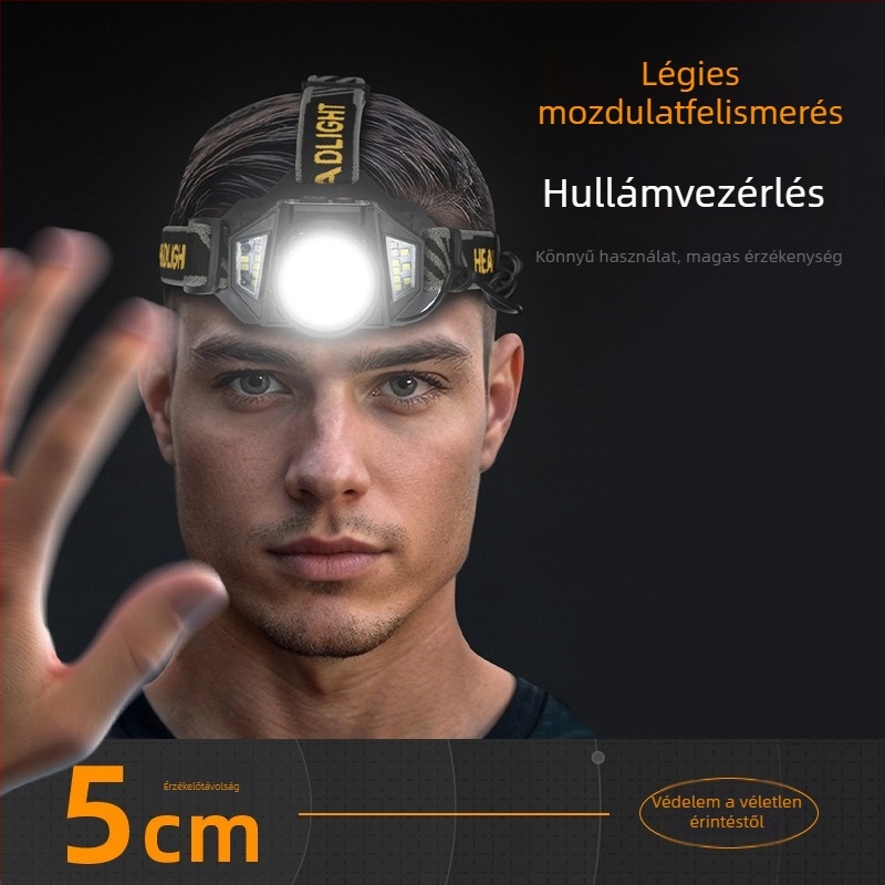 LED fejlámpa alumíniumötvözetből, 4000mAh akkumulátor, kézzel működtethető, 200–500 m hatótáv