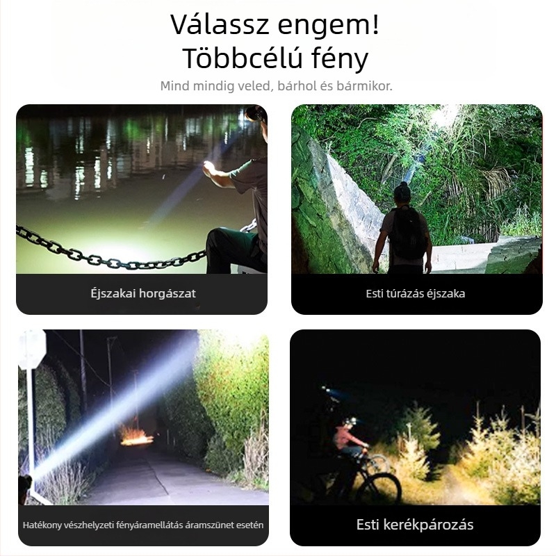 LED fejlámpa, újratölthető, alumíniumötvözet test, 18650 Li-ion akkumulátor, akár 500 m hatótávolság