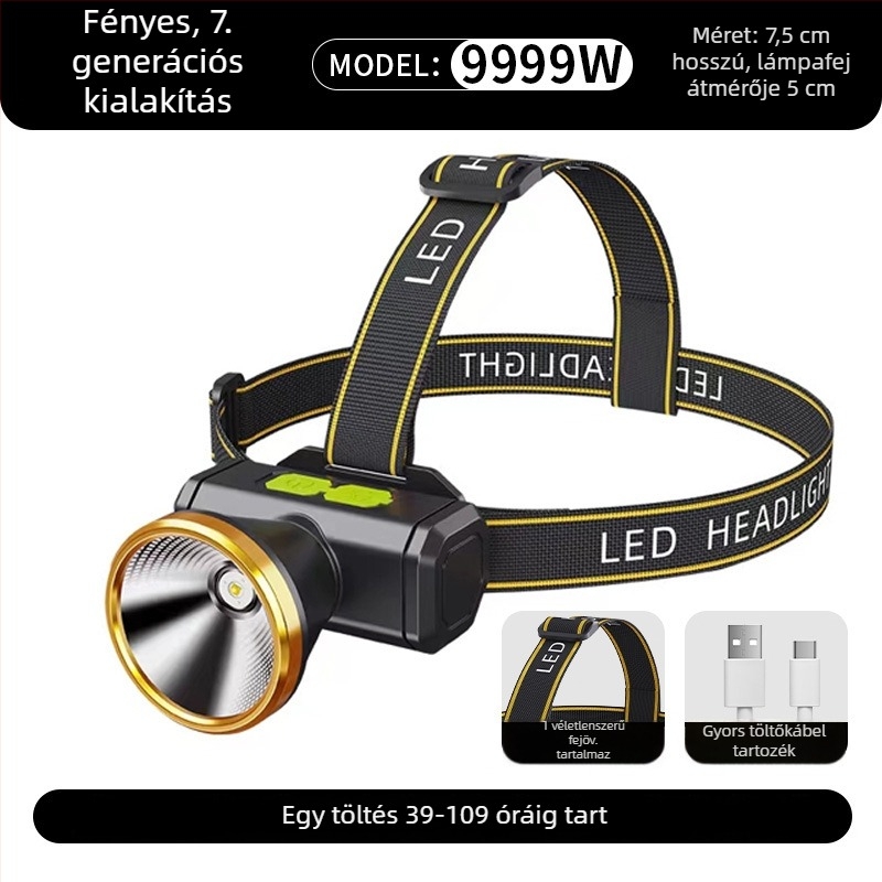 LED fejlámpa, újratölthető, alumíniumötvözet test, 18650 Li-ion akkumulátor, akár 500 m hatótávolság