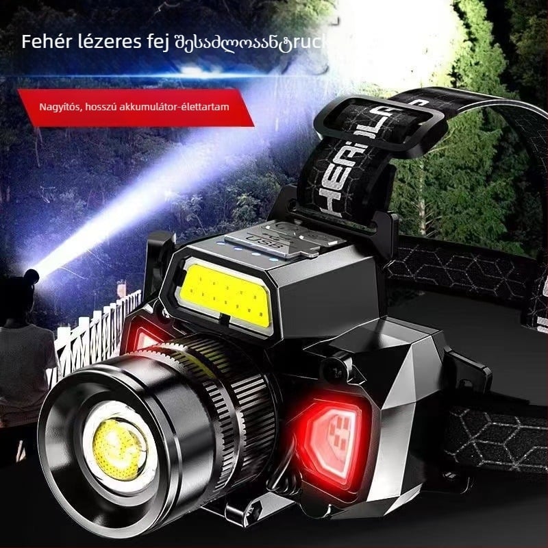 LED fejfény zoommal, szenzoros működés, újra tölthető 3000 mAh, lézer fényforrás, 360° forgás