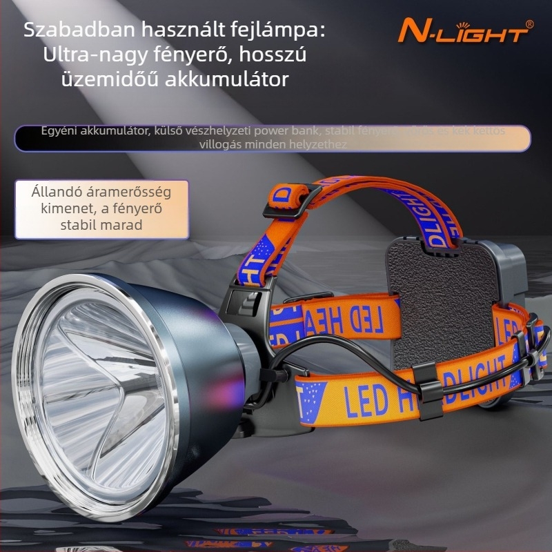 Fejlámpa LED, 20000 mAh akkumulátorral, LED fényforrás, hatótáv 100–200 m, teljesítmény 200