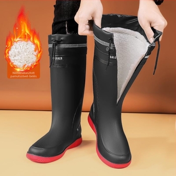 Férfi esőcsizmák – PU felsőrész, műanyag talp, középmagas cső, alacsony sarka 1–3 cm, mindennapi stílus