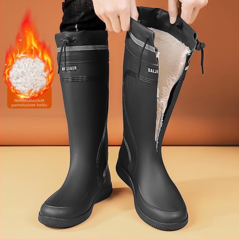 Férfi esőcsizmák – PU felsőrész, műanyag talp, középmagas cső, alacsony sarka 1–3 cm, mindennapi stílus