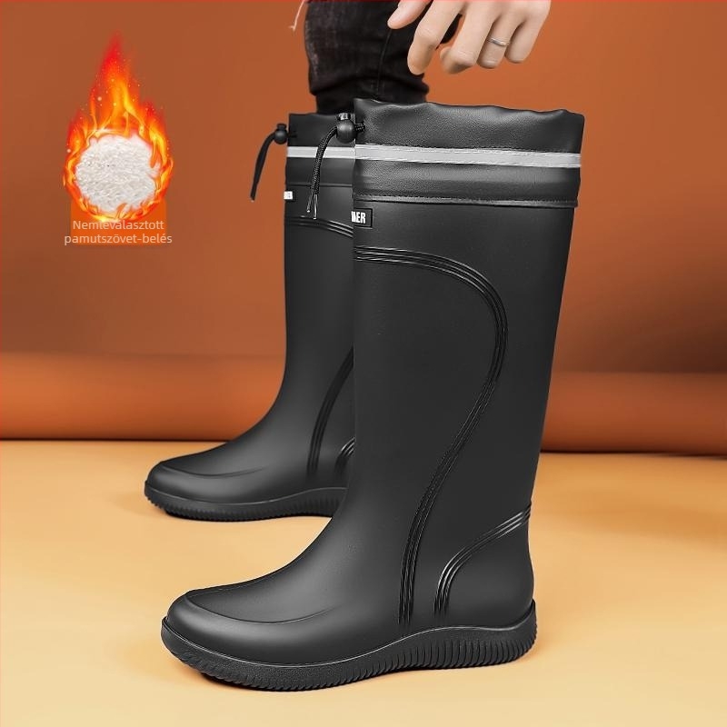 Férfi esőcsizmák – PU felsőrész, műanyag talp, középmagas cső, alacsony sarka 1–3 cm, mindennapi stílus